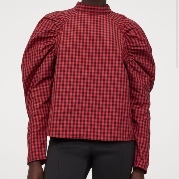 H&M red black checkered print puff long sleeve shirt medium blouse mock neck - Picture 1 of 9